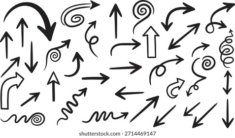 Un conjunto de varias flechas dibujadas a mano e iconos de movimiento giratorio en negro sobre un fondo blanco, que indican diferentes direcciones y movimientos.