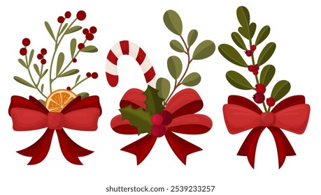 Set of various handdrawn bows gift ribbons with winter botany leaves, branches, red berries, candy cane and orange. Vector style illustration, Christmas holidays