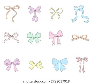 Conjunto de varios arcos dibujados a mano, cintas de regalo. Accesorio de trenzado de pelo de moda. Ilustración vectorial dibujada a mano.
