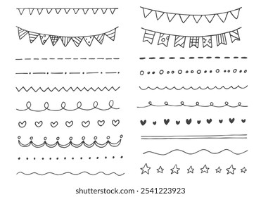 A set of various hand-drawn decorative borders and garlands