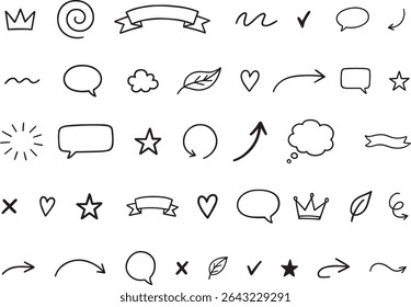 Um conjunto de vários elementos de rabiscar desenhados à mão, incluindo setas, banners, corações, estrelas, bolhas de fala e outras formas decorativas em contorno preto.