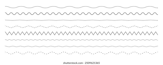 Conjunto de várias linhas desenhadas à mão pontilhadas, tracejadas e onduladas para projetos de design e ilustração