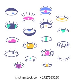 Set of various, hand-drawn, graphic doodles. Eyes vector flat illustration. Collection of evil, clairvoyance, Ra, Turkish, Greek and esoteric eyes of various forms isolated on white background. Fabric