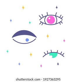 Set of various, hand-drawn, graphic doodles. Eyes vector flat illustration. Collection of evil, clairvoyance, Ra, Turkish, Greek and esoteric eyes of various forms isolated on white background. Fabric