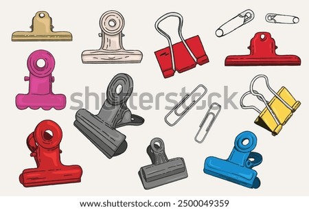 Set of various hand-drawn paper clips isolated over a white background. Sketch of office and school stationery. Hand-drawn sketches of paper clips.