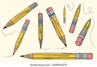 Set of various hand-drawn pencils in different angles isolated over a white background. Sketch of office and school stationery. Hand-drawn sketches of pencils