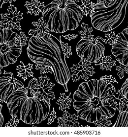 Set of various hand-drawn pumpkins and leaves on blackboard background. Thanksgiving day. Harvest time. Boundless background for your autumn design.