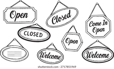 Un conjunto de varios signos dibujados a mano que indican 'Abierto', 'Cerrado', 'Bienvenido' y 'Come In Open' en diferentes Formas y estilos, perfecto para escaparates o uso comercial.
