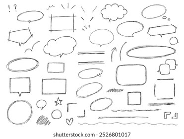 Um conjunto de várias bolhas e linhas de fala desenhadas à mão