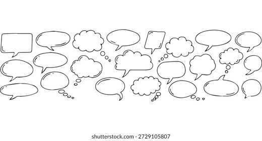 A set of various hand-drawn speech bubbles and thought clouds in different shapes and sizes, perfect for communication and dialogue concepts.