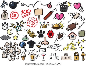 Set of various hand-drawn style comic parts Color 02