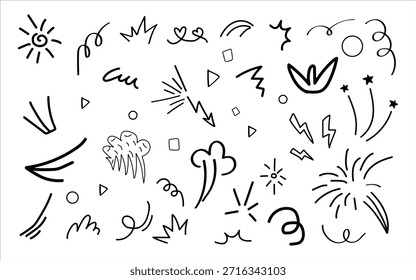 Eine Reihe von verschiedenen handgezeichneten Symbolen, die Wetterbedingungen, Naturphänomene und abstrakte Formen in einem einfachen Kunststil mit schwarzen Linien darstellen.