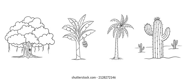 Set of various hand-drawn trees vector clip art on white background 