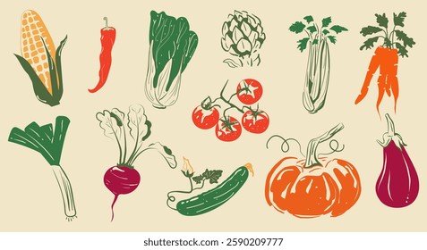 A set of various hand-drawn vegetables. Corn, chili pepper, Peking cabbage, artichoke, celery, carrot, eggplant, pumpkin, tomato, cucumber, beetroot, leek. Vector illustration