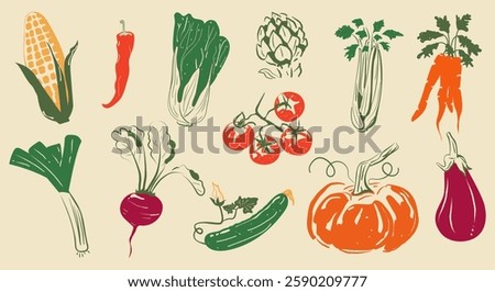 A set of various hand-drawn vegetables. Corn, chili pepper, Peking cabbage, artichoke, celery, carrot, eggplant, pumpkin, tomato, cucumber, beetroot, leek. Vector illustration