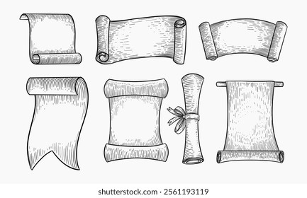A set of various hand-drawn vintage scrolls and parchments, ideal for design elements.