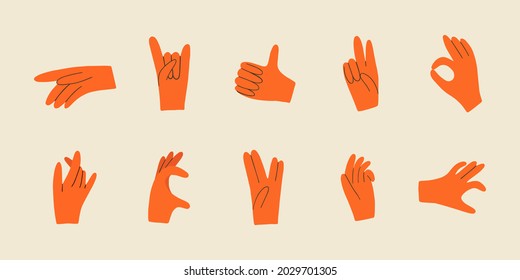 Set with various hands gestures. Different gestures, pointing finger. Trendy hand drawn colored trendy Vector illustration. All elements are isolated.