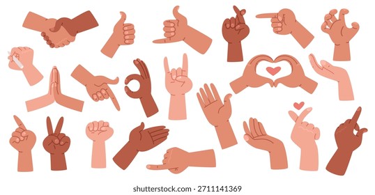 Set of various hands showing various gestures, including approval, pointing, shaking hands, victory, cool, love, and more. Vector illustration in a flat style
