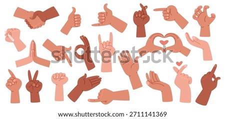Set of various hands showing various gestures, including approval, pointing, shaking hands, victory, cool, love, and more. Vector illustration in a flat style