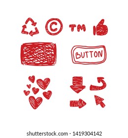 Set of various handwritten elements, childish style, red signs for decoration