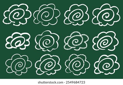 A set of various handwritten floral circles written on a blackboard