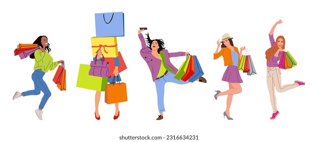 Set of various happy girls buyer. Collection of different woman with gift box, shopping bags. Joyful shopaholic cartoon characters. Colorful flat vector illustrations isolated on white background