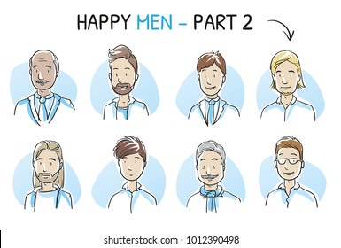 Set of various happy, smiling men in business and casual clothes, mixed age and ethnic groups in positive emotions. Hand drawn cartoon sketch vector illustration, whiteboard marker style coloring.