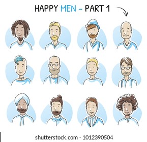 Set of various happy, smiling men in business and casual clothes, mixed age and ethnic groups in positive emotions. Hand drawn cartoon sketch vector illustration, whiteboard marker style coloring.