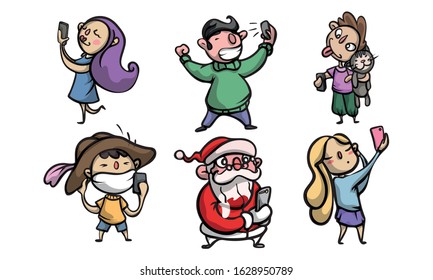 Set of various happy smiling people characters doing a selfie. Vector illustration in flat cartoon style.
