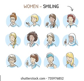 Set of various happy smiling women in business and casual clothes, mixed age and ethnic groups expressing positive emotions. Hand drawn cartoon sketch vector illustration,  marker style coloring. 