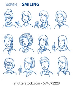 Set of various happy women in business and casual clothes, mixed age and ethnic groups expressing positive emotions. Hand drawn line art cartoon vector illustration.