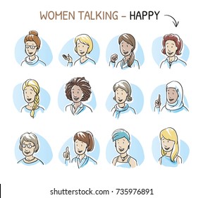 Set of various happy women in business and casual clothes, mixed age and ethnic groups expressing positive emotions.  Hand drawn cartoon sketch vector illustration,  marker style coloring. 