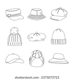 Set of Various Hat. Hand drawn vector illustration. Bucket, Towel, Beach, Beanie, Flatcap, Baseball Hat, Breton.