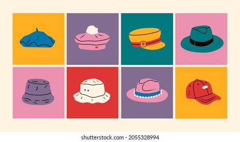 Set of various Hats. Colorful Icons. Different colors and styles. Elegant broad brimmed hat, bucket hat, panama, gaucho, cap, beret. Fashion headwear concept. Hand drawn trendy Vector illustration