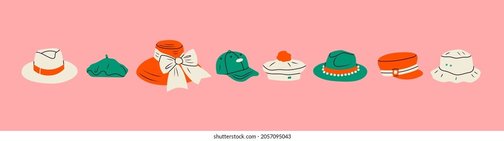 Set of various Hats. Colorful Icons. Different colors and styles. Elegant broad brimmed hat, bucket hat, panama, gaucho, cap, beret. Fashion headwear concept. Hand drawn trendy Vector illustration