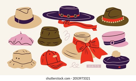 Set of various Hats for different seasons. Different colors and styles. Elegant broad brimmed hat, fedora, panama, gaucho, cap, beret. Fashion headwear concept. Hand drawn trendy Vector illustration