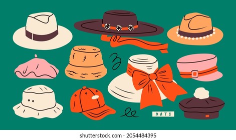 Set of various Hats for different seasons. Different colors and styles. Elegant broad brimmed hat, fedora, panama, gaucho, cap, beret. Fashion headwear concept. Hand drawn trendy Vector illustration