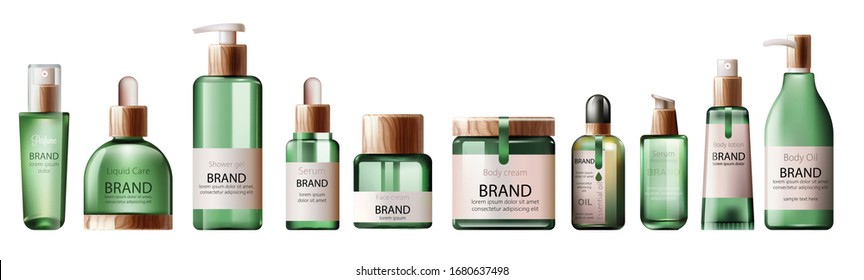 Set of various health care and spa green bottles. Body oil, lotion, serum, shower gel and perfume