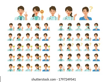 Set of various healthcare staff in uniform in different poses. Smiling, thinking, talking and pointing. Vector illustration in flat style.