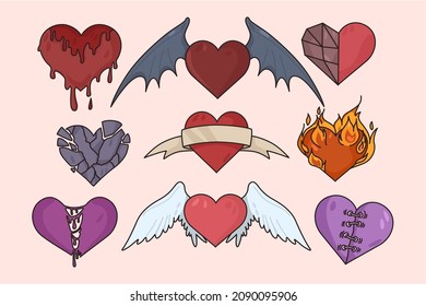 Set of various heart shapes for valentine day. Collection of different love signs, burning, with wings and broken. Passion and love symbol. Relationship and relation. Flat vector illustration. 