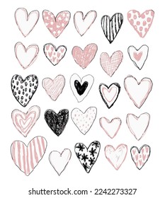 Set of various hearts, colored pencil drawing, cute doodle design, sketch for wedding, valentine s day, romance. Vector illustration isolated on white background.