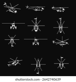 A set of various helicopter types displayed with clean white outlines against a solid black background. The stark contrast highlights each model's distinct shape and design.