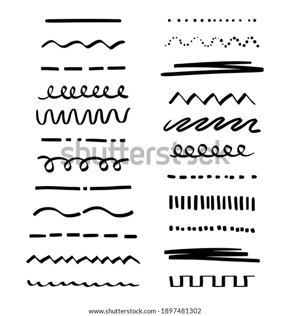 A set of various highlighter and underline\
lines. A collection of graphic elements drawn by hand with a free\
brush. Vector stock illustration of doodle strokes and markers\
isolated on white background