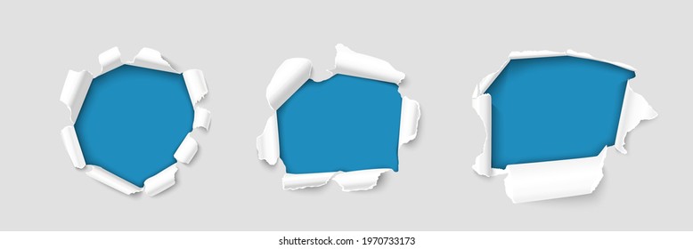 Set of various holes with ripped and scrolled edges white paper sheet realistic 3d vector. Torn damaged background with space for text. Bullet breakthrough