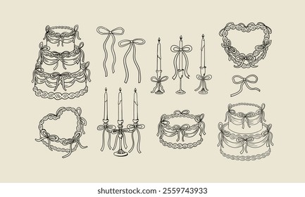 Set of various holiday cakes, candles and bows. Vector hand drawn elegant illustration in vintage sketch style. Cliparts for birthday, wedding valentines designs