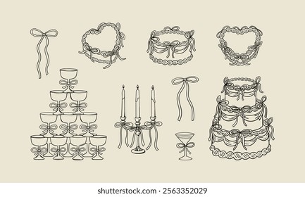 Set of various holiday cakes, candles, champagne pyramid and bows. Vector hand drawn elegant illustration in vintage sketch style. Cliparts for birthday, wedding, valentines designs