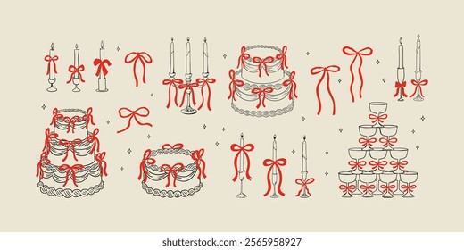 Set of various holiday cakes and decor. Vector hand drawn illustration in vintage style. Cakes, candles and champagne tower with red bows