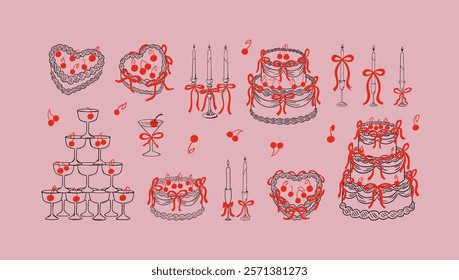 Set of various holiday cakes and decor. Vector hand drawn illustration in vintage style. Cakes, candles and champagne tower with red bows and cherries