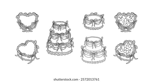 Set of various holiday cakes and desserts with bows. Vector outline hand drawn illustration in vintage style. Clipart for wedding, birthday or valentines day in coquette aesthetic