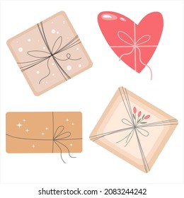 Set of various holiday gifts in craft paper and a heart. Minimalistic flat retro design. Holiday concept. New Year 2022. Valentine's Day. Element for the game, icon, print Vector isolated illustration